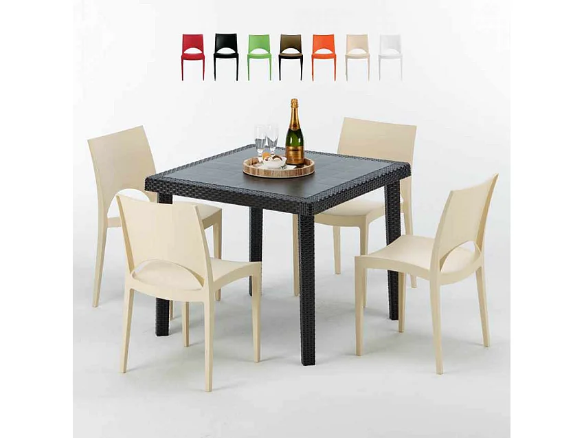 Schwarz Quadratisch Tisch und 4 Stühle Farbiges Polypropylen-Außenmastenset Grand Soleil Paris Passion - Beige