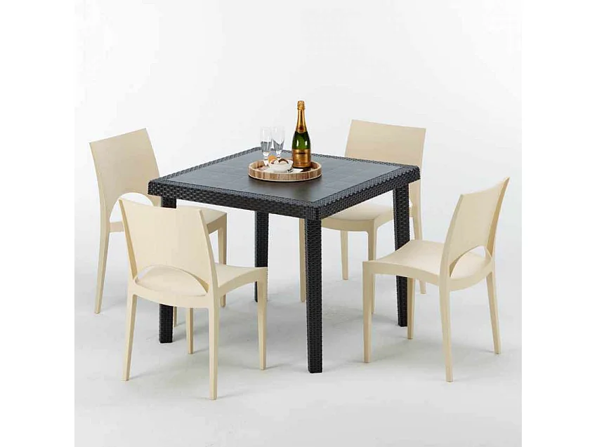 Schwarz Quadratisch Tisch und 4 Stühle Farbiges Polypropylen-Außenmastenset Grand Soleil Paris Passion - Beige