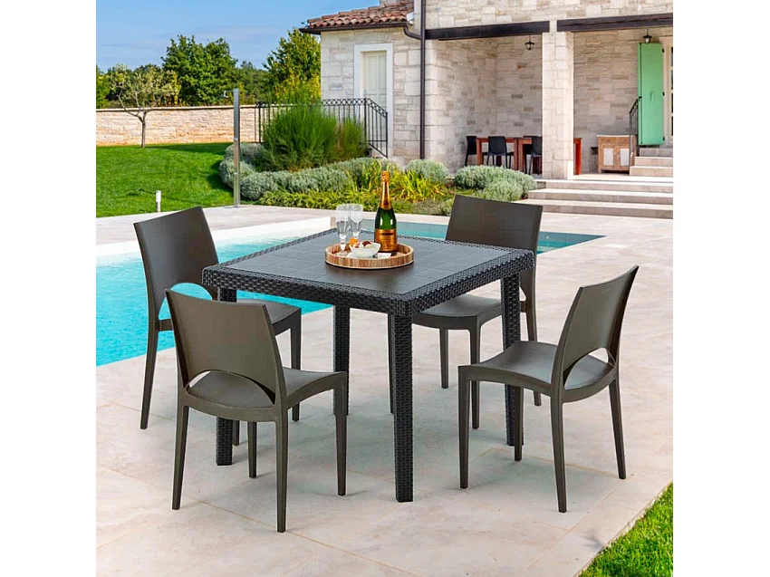 Schwarz Quadratisch Tisch und 4 Stühle Farbiges Polypropylen-Außenmastenset Grand Soleil Paris Passion - Beige