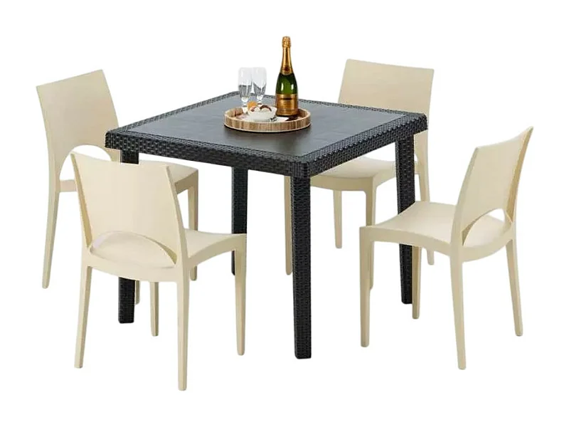 Schwarz Quadratisch Tisch und 4 Stühle Farbiges Polypropylen-Außenmastenset Grand Soleil Paris Passion - Beige