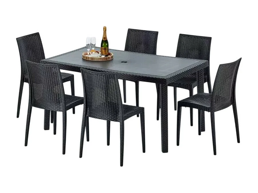 Poly Rattan Tisch Rechteckig mit 6 Bunten Polyrattan Stühlen 150x90 Schwarz