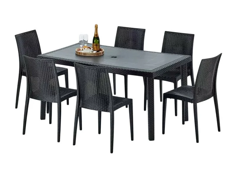 Poly Rattan Tisch Rechteckig mit 6 Bunten Polyrattan Stühlen 150x90 Schwarz