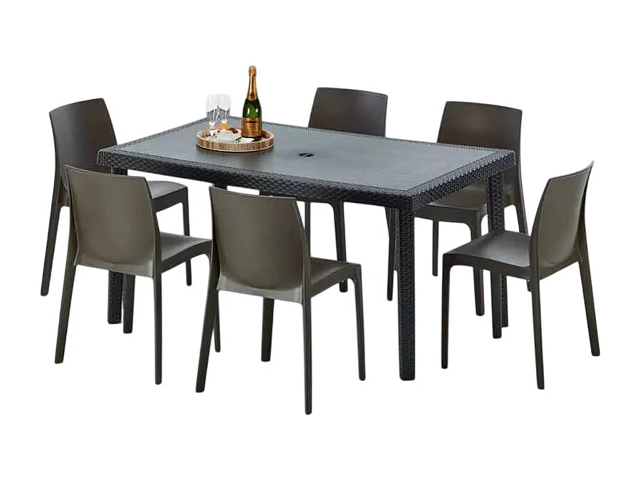 Poly Rattan Tisch Rechteckig mit 6 Bunten Polyrattan Stühlen 150x90 Schwarz