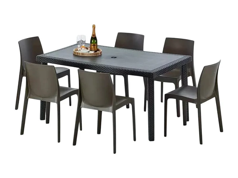 Poly Rattan Tisch Rechteckig mit 6 Bunten Polyrattan Stühlen 150x90 Schwarz