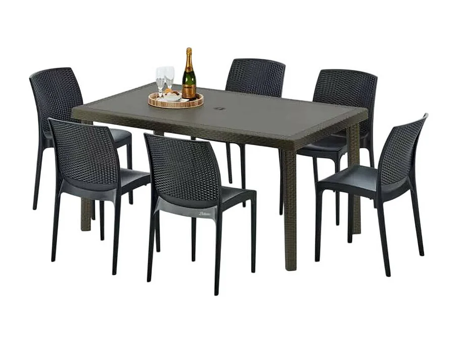 Polyrattan Tisch Rechteckig mit 6 Bunten Stühlen 150x90 Braun Focus