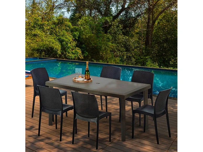 Polyrattan Tisch Rechteckig mit 6 Bunten Stühlen 150x90 Braun Focus