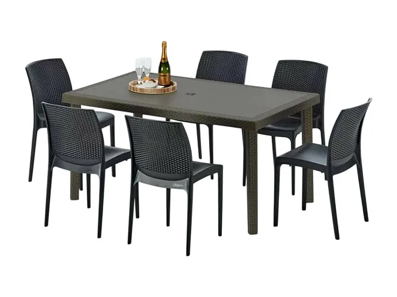 Polyrattan Tisch Rechteckig mit 6 Bunten Stühlen 150x90 Braun Focus
