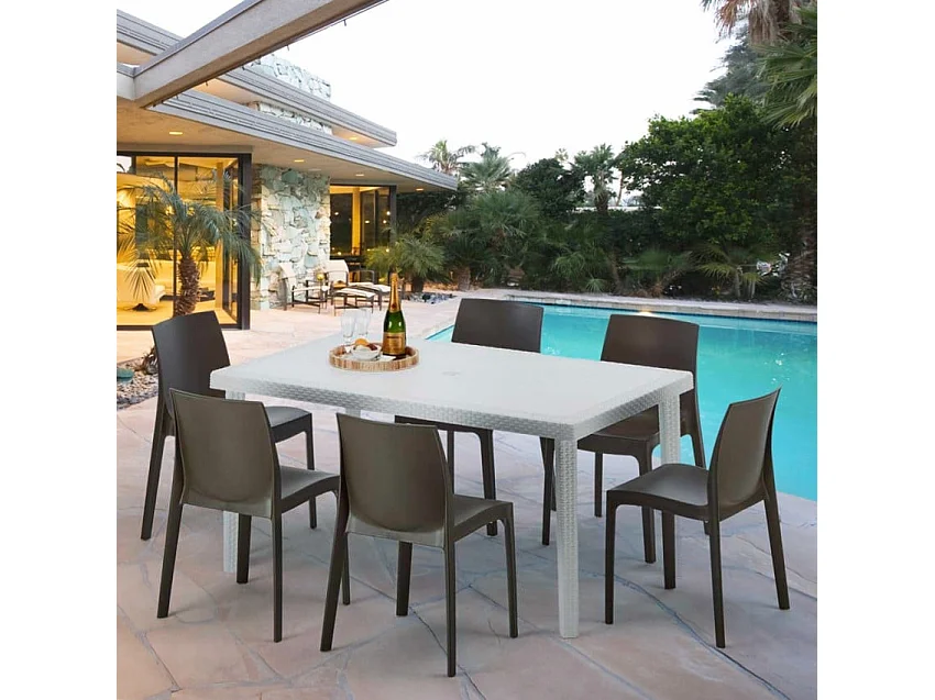 Weiß Rechteckig Tisch und 6 Stühle Farbiges Polypropylen-Außenmastenset Grand Soleil Rome Summerlife - Braun