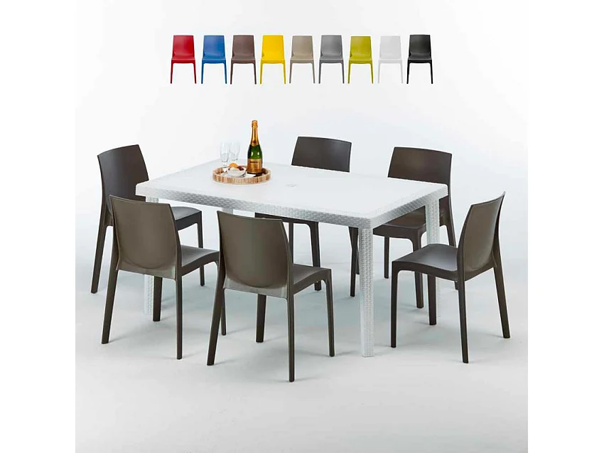 Weiß Rechteckig Tisch und 6 Stühle Farbiges Polypropylen-Außenmastenset Grand Soleil Rome Summerlife - Braun
