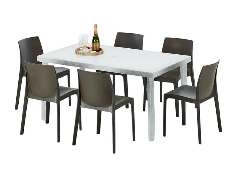 Weiß Rechteckig Tisch und 6 Stühle Farbiges Polypropylen-Außenmastenset Grand Soleil Rome Summerlife - Braun