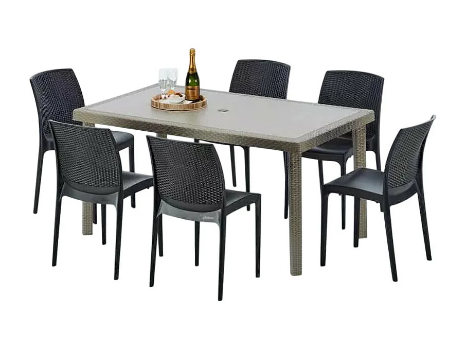 Polyrattan Tisch Rechteckig mit 6 Bunten Stühlen 150x90 Beige Marion