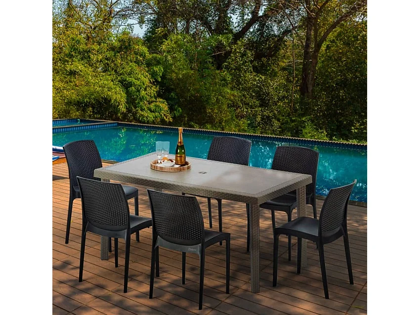 Polyrattan Tisch Rechteckig mit 6 Bunten Stühlen 150x90 Beige Marion