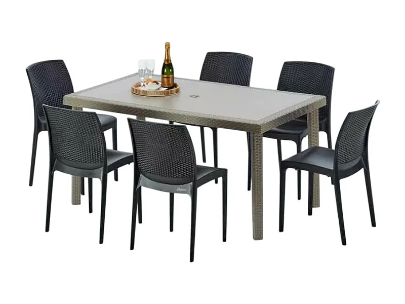 Polyrattan Tisch Rechteckig mit 6 Bunten Stühlen 150x90 Beige Marion