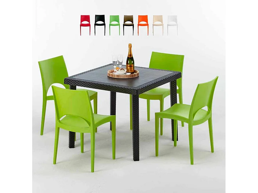 Schwarz Quadratisch Tisch und 4 Stühle Farbiges Polypropylen-Außenmastenset Grand Soleil Paris Passion - Grün