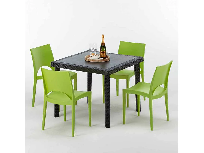Schwarz Quadratisch Tisch und 4 Stühle Farbiges Polypropylen-Außenmastenset Grand Soleil Paris Passion - Grün