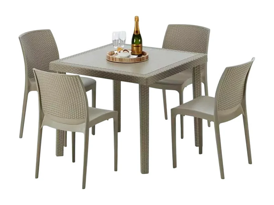 Polyrattan Tisch Quadratisch mit 4 Bunten Stühlen 90x90 Beige Elegance