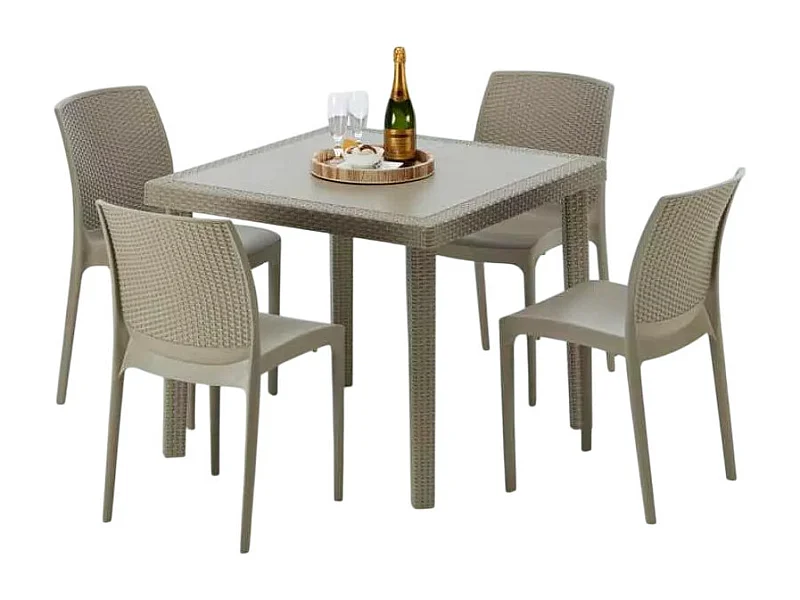 Polyrattan Tisch Quadratisch mit 4 Bunten Stühlen 90x90 Beige Elegance