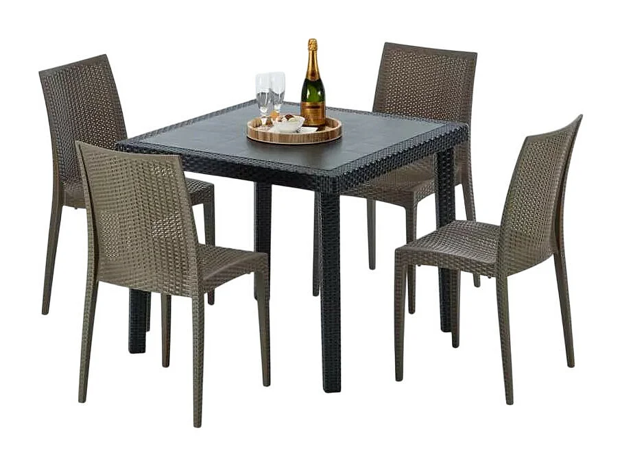 Schwarz Quadratisch Tisch und 4 Stühle Farbiges Polypropylen-Außenmastenset Grand Soleil Bistrot Passion - Braun