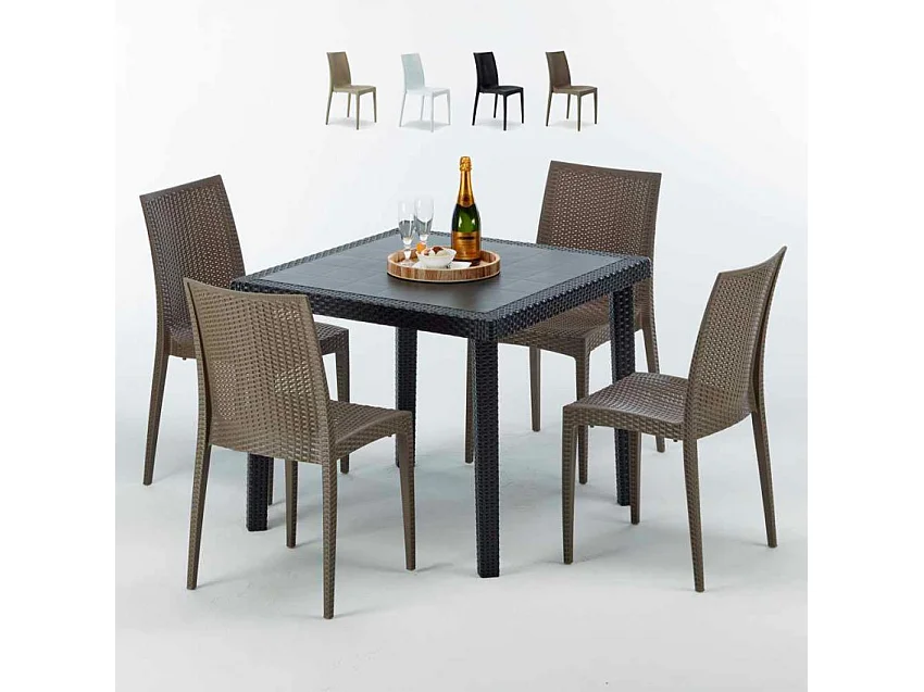 Schwarz Quadratisch Tisch und 4 Stühle Farbiges Polypropylen-Außenmastenset Grand Soleil Bistrot Passion - Braun