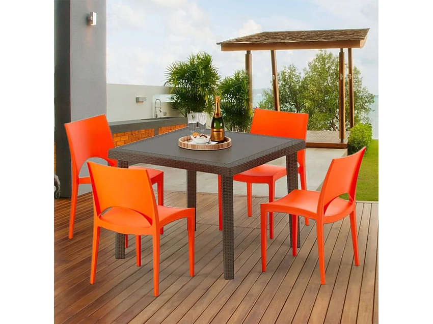 Poly Rattan Tisch Quadratisch mit 4 Bunten Stühlen 90x90 Braun Brown Passion