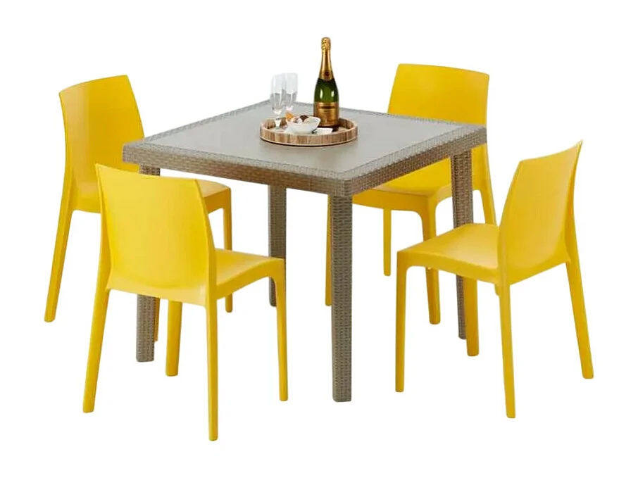 Polyrattan Tisch Quadratisch mit 4 Bunten Stühlen 90x90 Beige Elegance