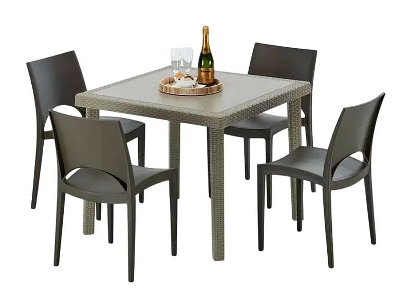 Polyrattan Tisch Quadratisch mit 4 Bunten Stühlen 90x90 Beige Elegance