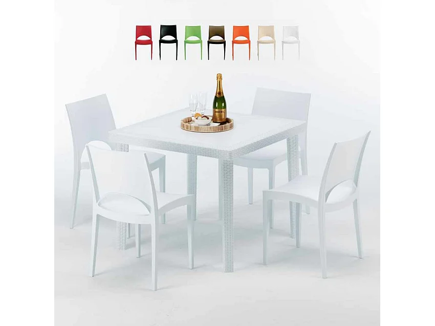 Ensemble de table 90x90cm avec 4 chaises colorées pour extérieur Fizz