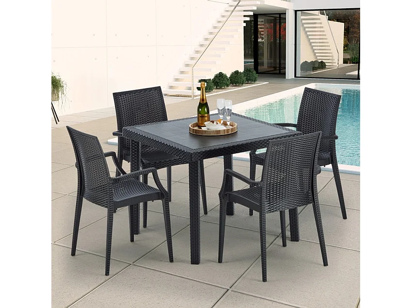 Schwarz Quadratisch Tisch und 4 Stühle Farbiges Polypropylen-Außenmastenset Grand Soleil Arm Bistrot Passion - Schwarz