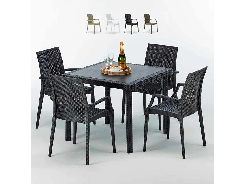 Schwarz Quadratisch Tisch und 4 Stühle Farbiges Polypropylen-Außenmastenset Grand Soleil Arm Bistrot Passion - Schwarz