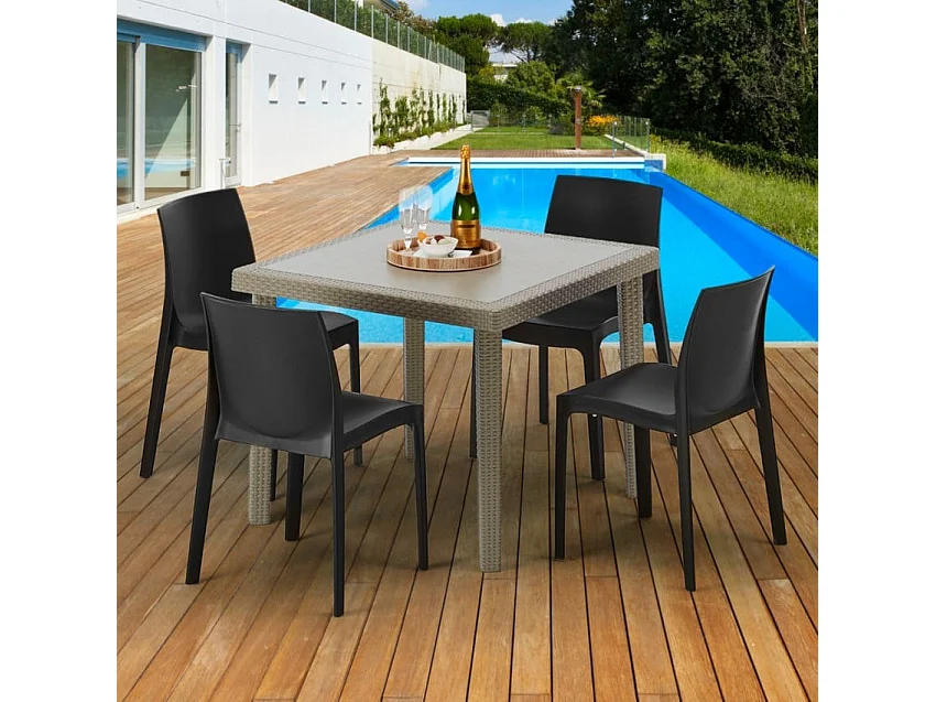 Polyrattan Tisch Quadratisch mit 4 Bunten Stühlen 90x90 Beige Elegance