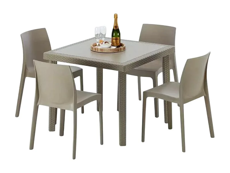 Polyrattan Tisch Quadratisch mit 4 Bunten Stühlen 90x90 Beige Elegance