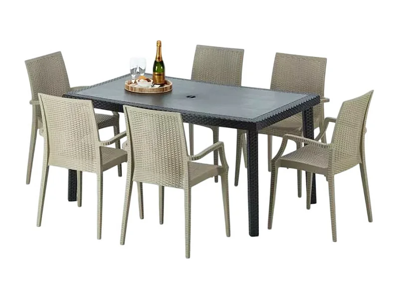Poly Rattan Tisch Rechteckig mit 6 Bunten Polyrattan Stühlen 150x90 Schwarz