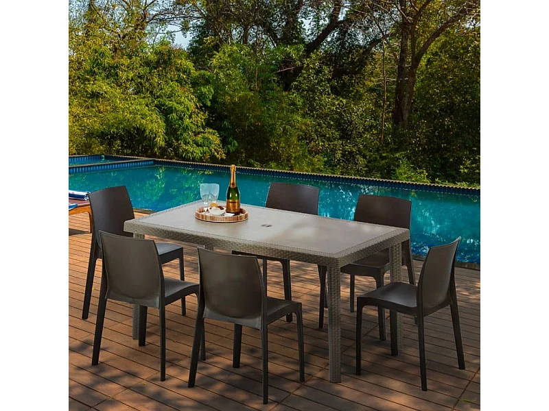 Polyrattan Tisch Rechteckig mit 6 Bunten Stühlen 150x90 Beige Marion