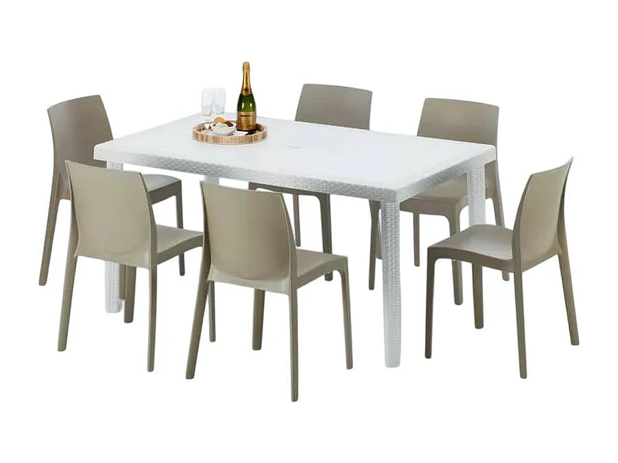 Weiß Rechteckig Tisch und 6 Stühle Farbiges Polypropylen-Außenmastenset Grand Soleil Rome Summerlife - Beige