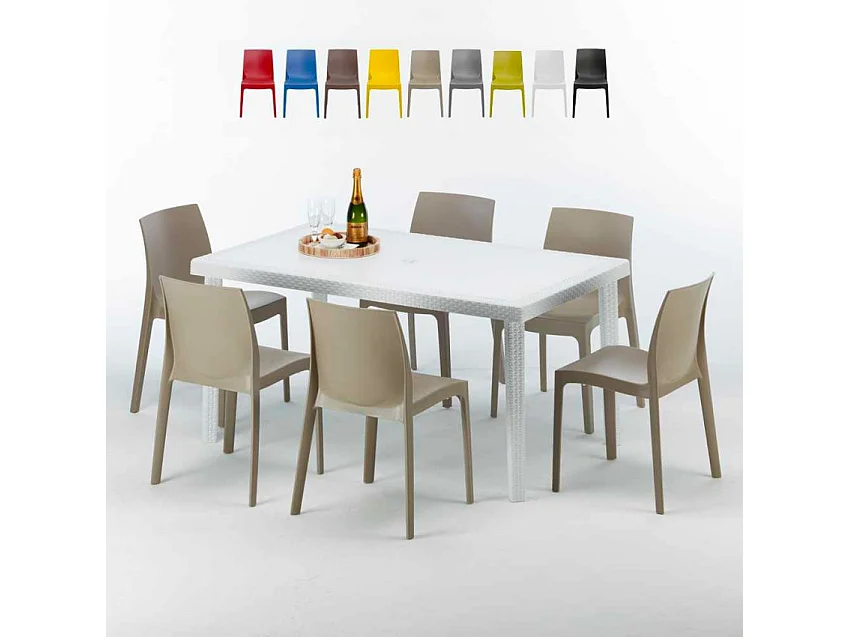 Weiß Rechteckig Tisch und 6 Stühle Farbiges Polypropylen-Außenmastenset Grand Soleil Rome Summerlife - Beige