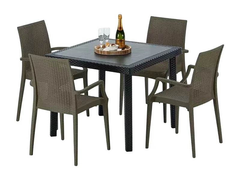 Schwarz Quadratisch Tisch und 4 Stühle Farbiges Polypropylen-Außenmastenset Grand Soleil Arm Bistrot Passion - Braun