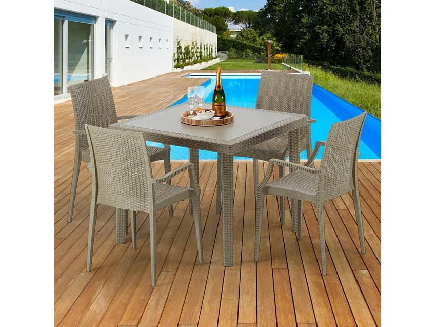 Polyrattan Tisch Quadratisch mit 4 Bunten Stühlen 90x90 Beige Elegance