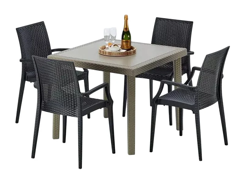 Polyrattan Tisch Quadratisch mit 4 Bunten Stühlen 90x90 Beige Elegance