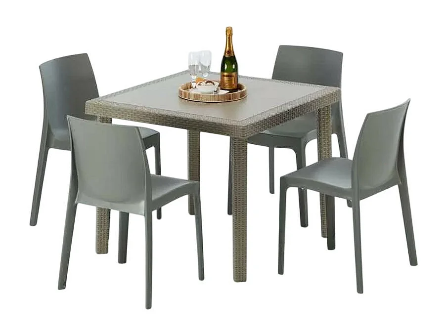 Polyrattan Tisch Quadratisch mit 4 Bunten Stühlen 90x90 Beige Elegance