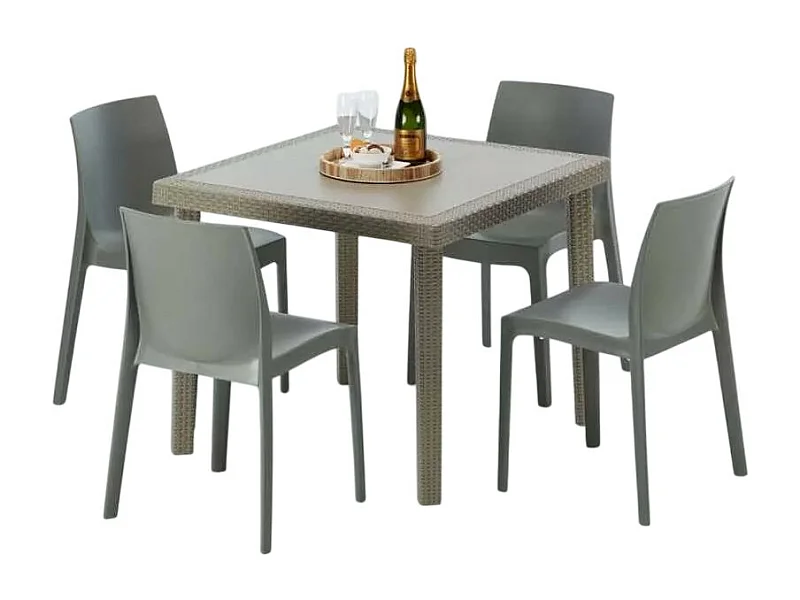 Polyrattan Tisch Quadratisch mit 4 Bunten Stühlen 90x90 Beige Elegance