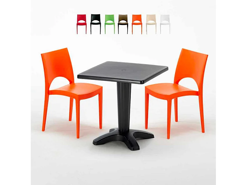 Schwarz Quadratisch Tisch und 2 Stühle Farbiges Polypropylen-Innenmastenset Grand Soleil Paris Aia - Orange