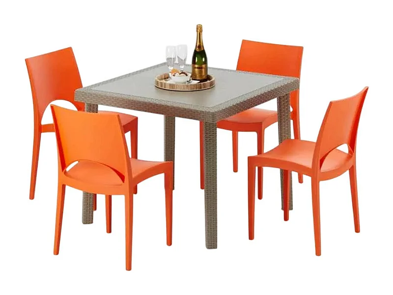 Polyrattan Tisch Quadratisch mit 4 Bunten Stühlen 90x90 Beige Elegance