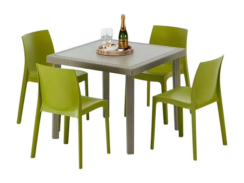 Polyrattan Tisch Quadratisch mit 4 Bunten Stühlen 90x90 Beige Elegance