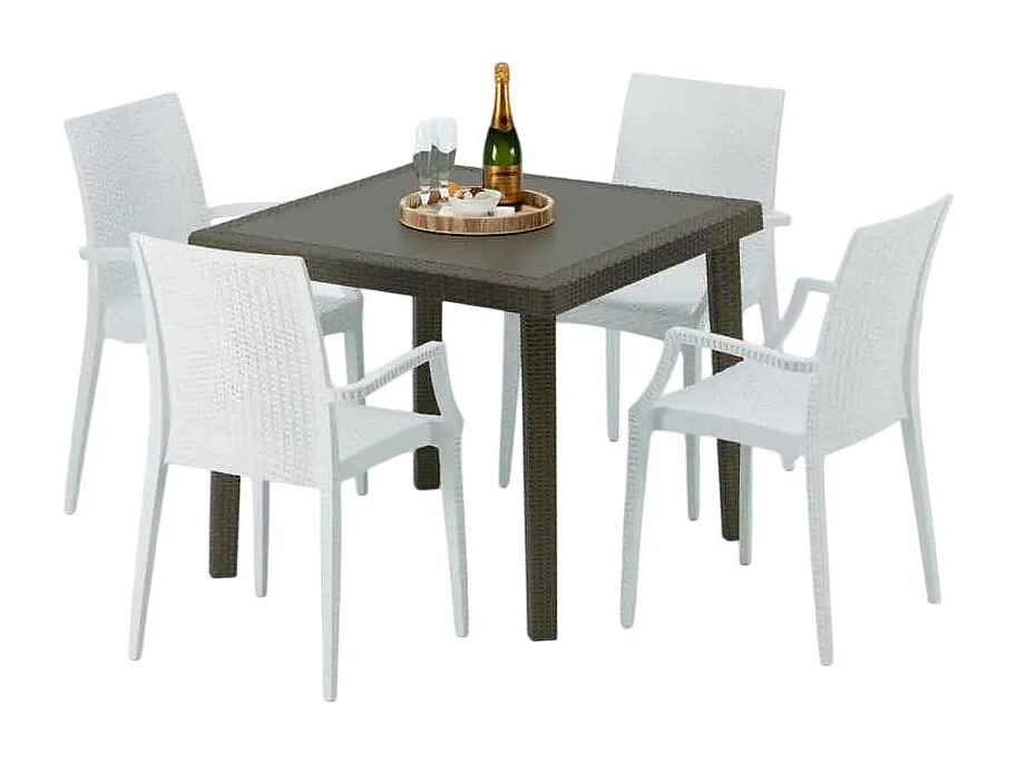 Poly Rattan Tisch Quadratisch mit 4 Bunten Stühlen 90x90 Braun Brown Passion