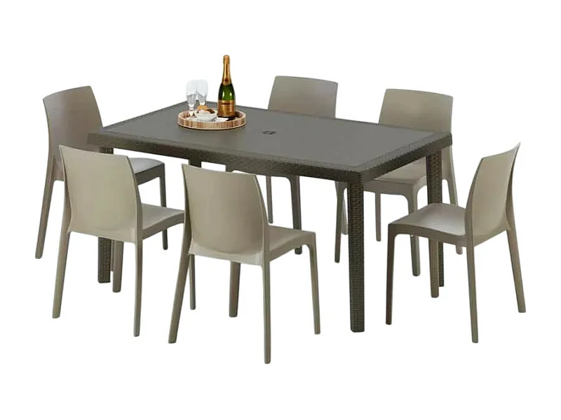 Polyrattan Tisch Rechteckig mit 6 Bunten Stühlen 150x90 Braun Focus