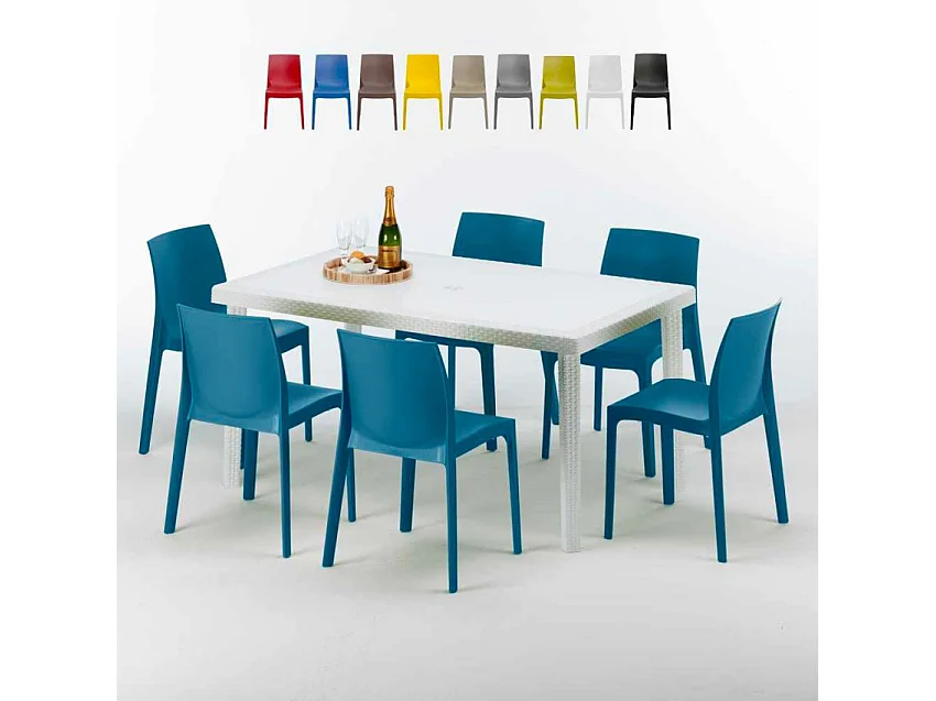 Weiß Rechteckig Tisch und 6 Stühle Farbiges Polypropylen-Außenmastenset Grand Soleil Rome Summerlife - Blau