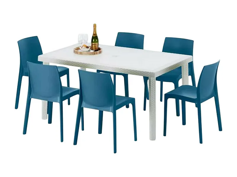 Weiß Rechteckig Tisch und 6 Stühle Farbiges Polypropylen-Außenmastenset Grand Soleil Rome Summerlife - Blau