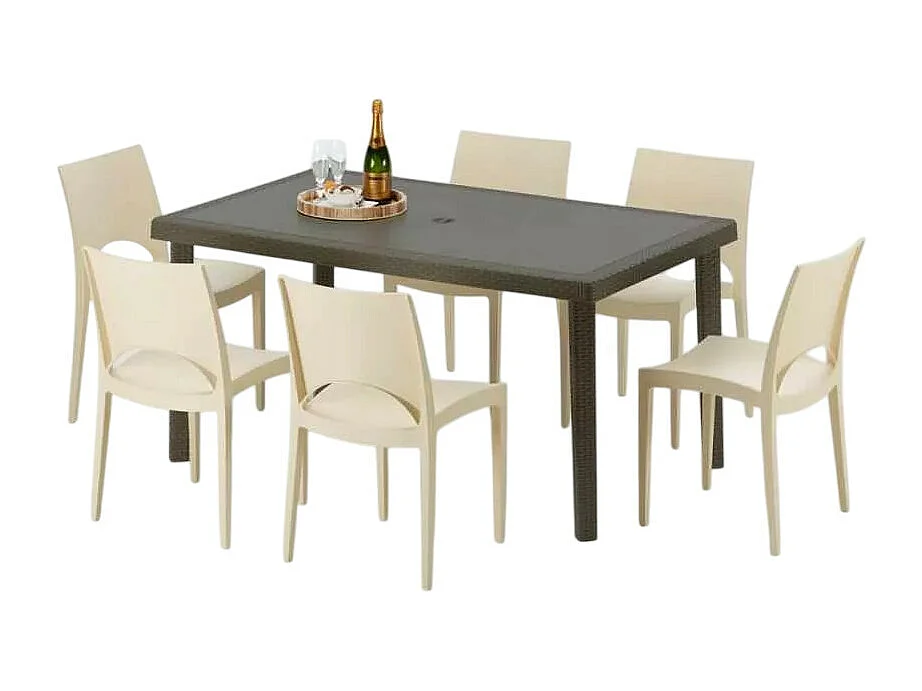 Polyrattan Tisch Rechteckig mit 6 Bunten Stühlen 150x90 Braun Focus