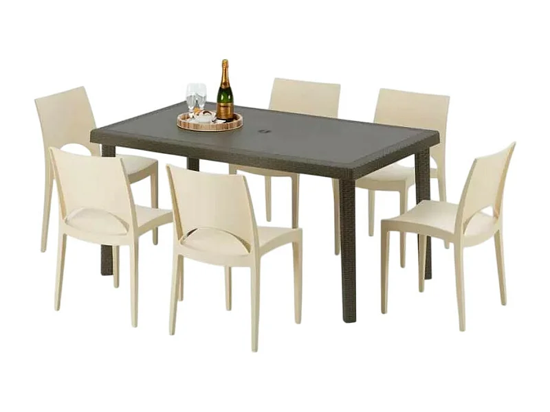 Polyrattan Tisch Rechteckig mit 6 Bunten Stühlen 150x90 Braun Focus
