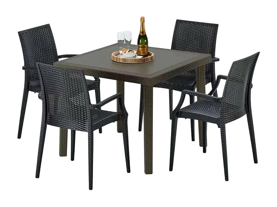 Poly Rattan Tisch Quadratisch mit 4 Bunten Stühlen 90x90 Braun Brown Passion